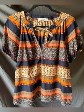 LOFT Boho Printed Short Sleeve Top Puff Sleeve V-neck Tie 100% Cotton MP